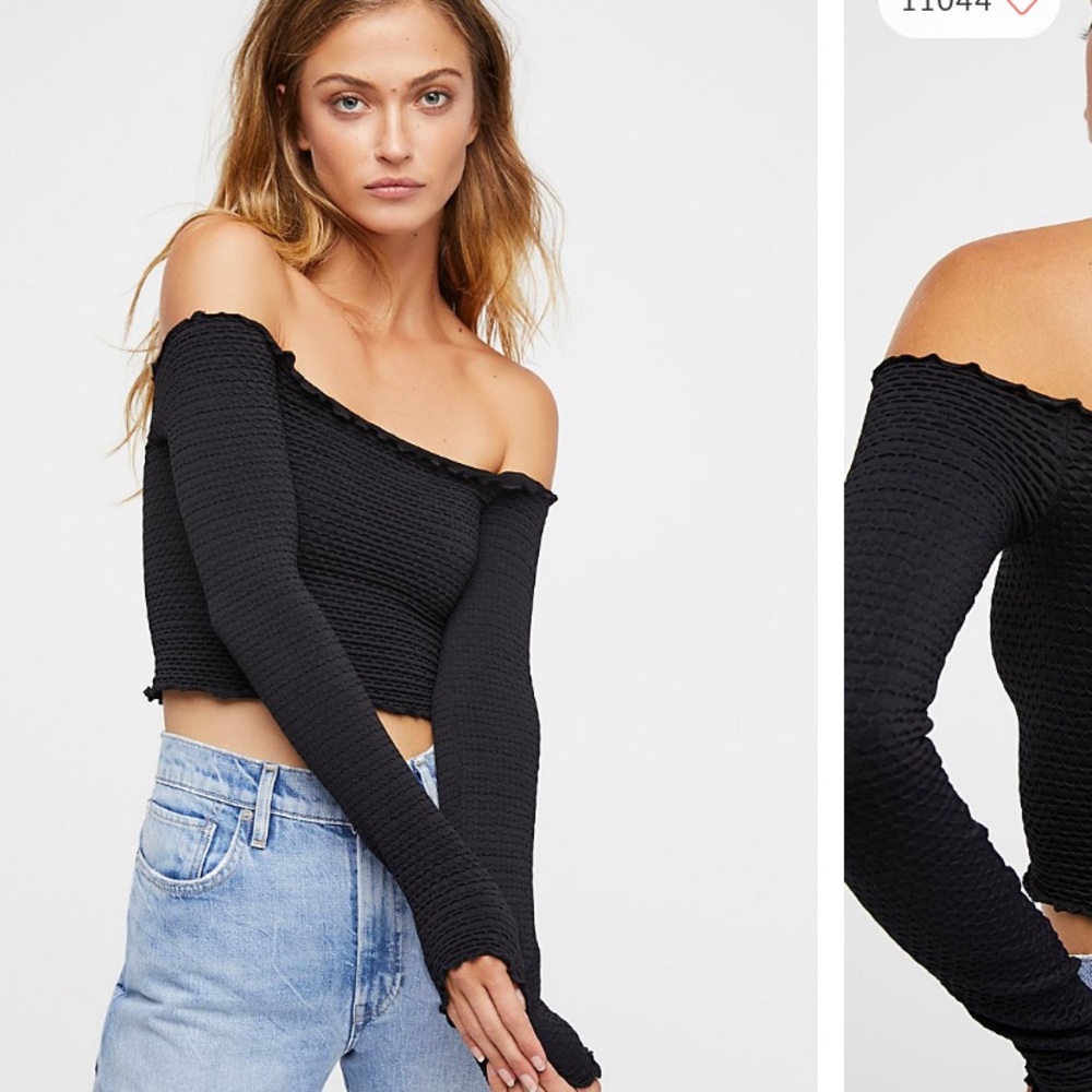 Free People Textured Long Sleeve Crop in Black